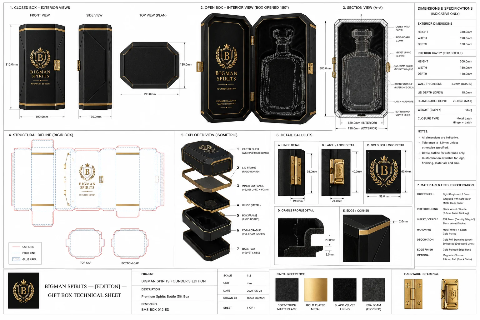 Bản vẽ kỹ thuật HỘP QUÀ — kích thước, dieline, vật liệu (Founder Gold)